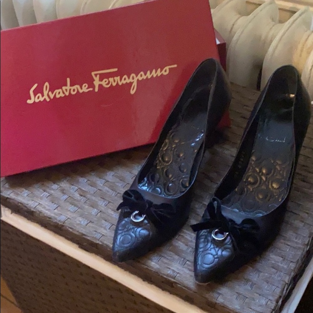 Black Salvatore Ferragamo heels with bow detail